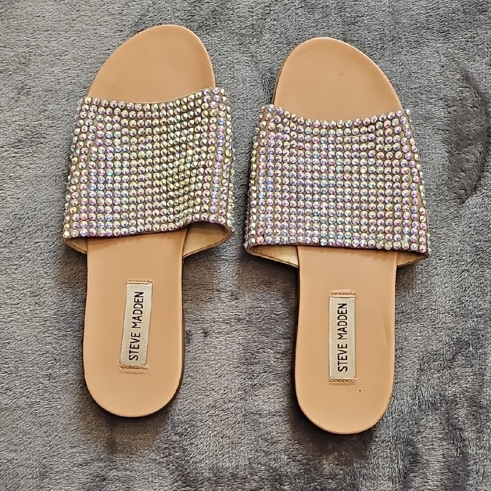 Steve Madden Nude/Tan Slide Sandals with Iridescent Rhinestones
